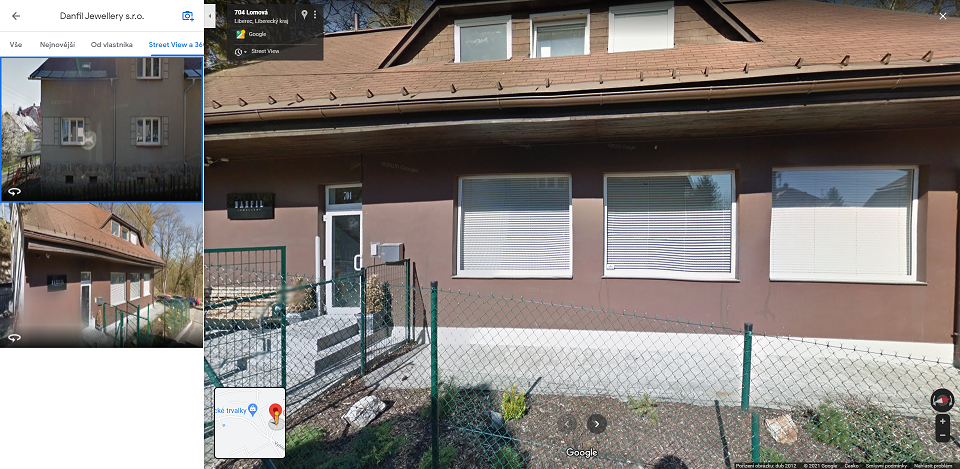 Pohled z profilu firemního profilu na Google Maps - virtuální prohlídka Street View
